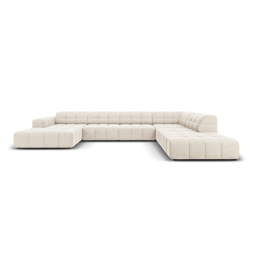 Jennifer 7-Sitzer Panorama-Sofa Rechts, mit Bezug aus Samt (Bluvel 22) in Leichtes Beige, 364x262 cm – Bild 1