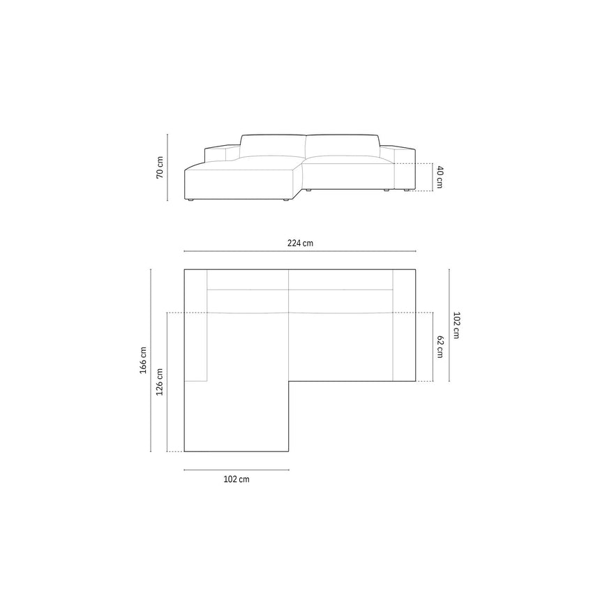 Jodie 3-Sitzer Ecksofa, Linke Seite, aus Samt oder Strukturstoff, 224x166 cm - ZEN ZONE Furniture