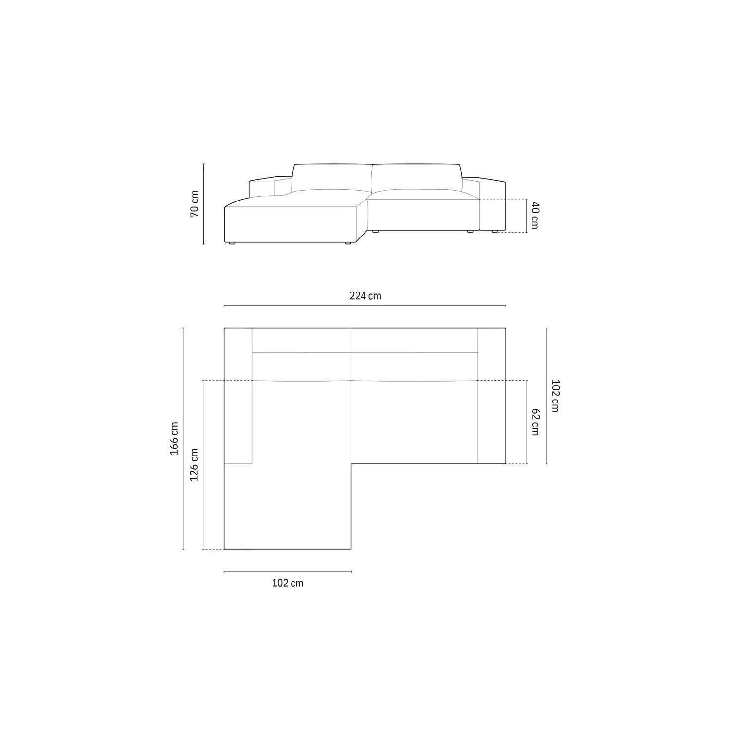 Jodie 3-Sitzer Ecksofa, Linke Seite, aus Samt oder Strukturstoff, 224x166 cm - ZEN ZONE Furniture