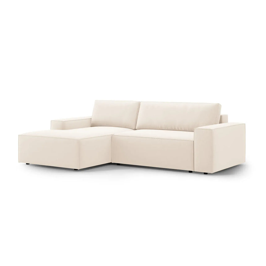 Jodie 3-Sitzer Ecksofa Links mit Schlaffunktion und Bettkasten mit Bezug aus Samt, Strukturstoff oder Boucle, 246x151 cm - ZEN ZONE Furniture