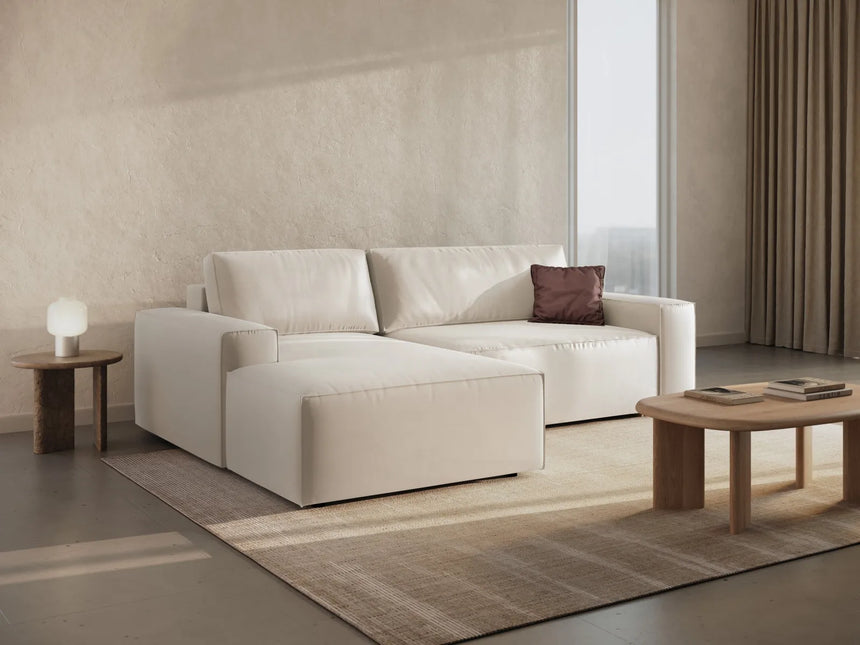 Jodie 3-Sitzer Ecksofa Links mit Schlaffunktion und Bettkasten mit Bezug aus Samt (Blu22) in Leichtes Beige, 246x151 cm – Bild 9