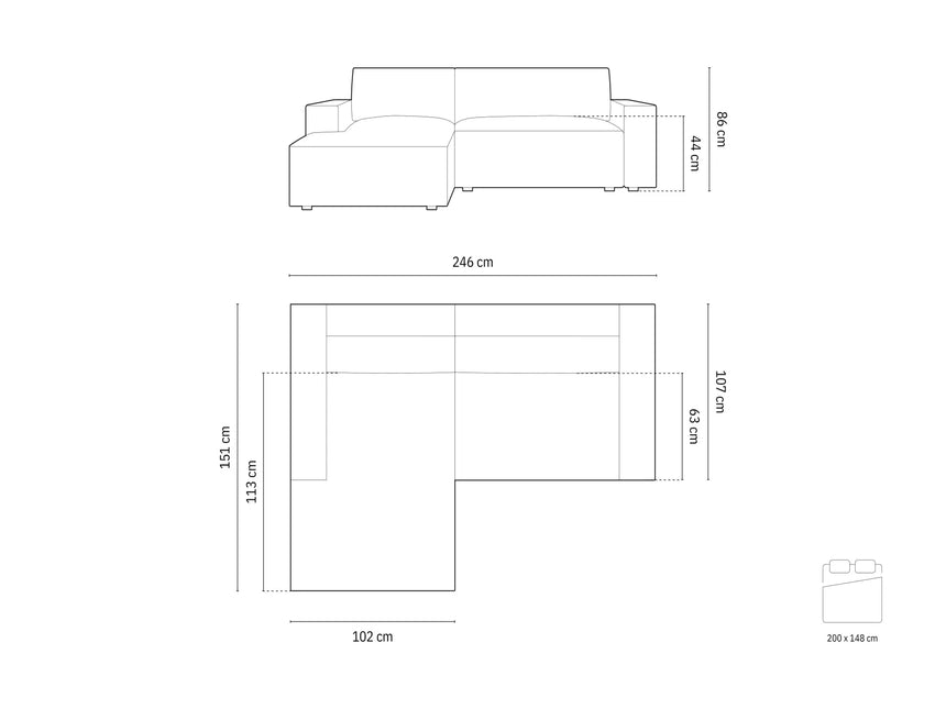 Jodie 3-Sitzer Ecksofa Links mit Schlaffunktion und Bettkasten mit Bezug aus Samt, Strukturstoff oder Boucle, 246x151 cm – Bild 7