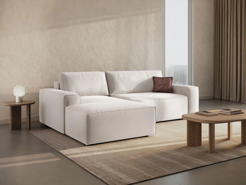 Jodie 3-Sitzer Ecksofa Links mit Schlaffunktion und Bettkasten mit Bezug aus Strukturierter Stoff (Meg351) in Leichtes Beige, 246x151 cm – Bild 9