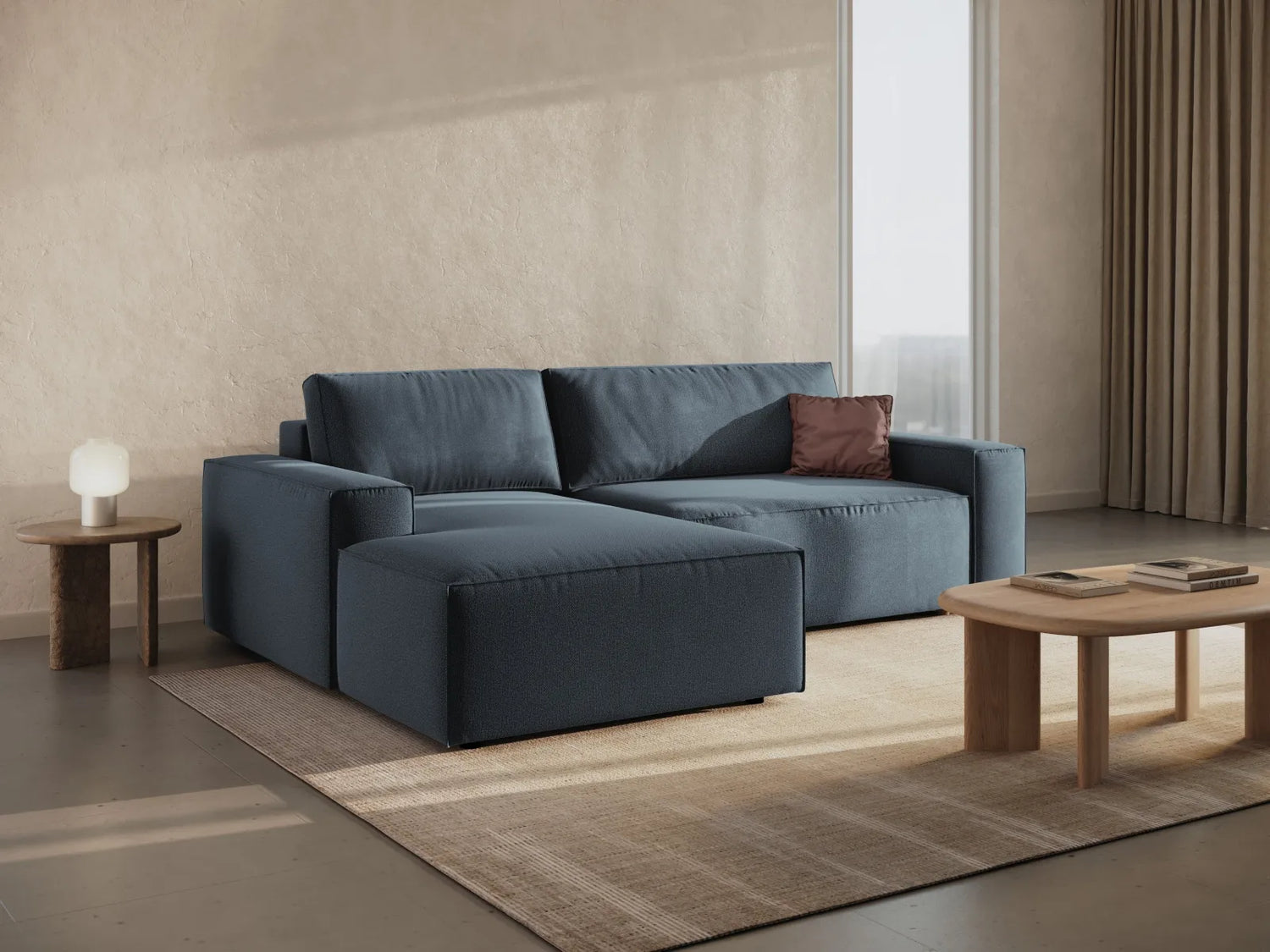 Jodie 3-Sitzer Ecksofa Links mit Schlaffunktion und Bettkasten mit Bezug aus Strukturierter Stoff (Meg361) in Blau, 246x151 cm – Bild 1