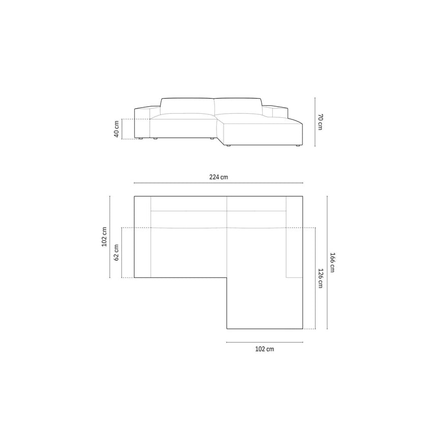 Jodie 3-Sitzer Ecksofa, Rechte Seite, aus Samt oder Strukturstoff, 224x166 cm - ZEN ZONE Furniture