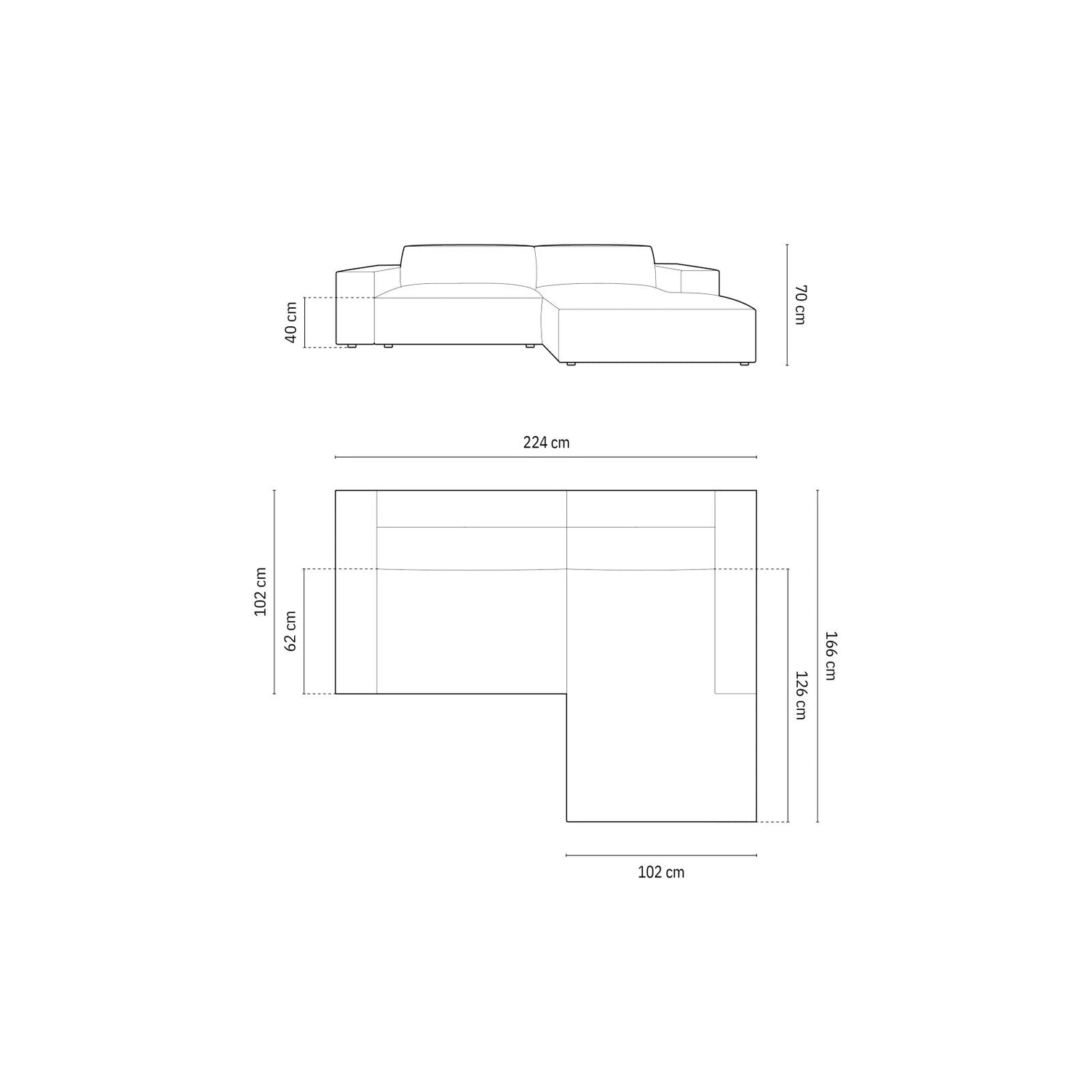 Jodie 3-Sitzer Ecksofa, Rechte Seite, aus Samt oder Strukturstoff, 224x166 cm - ZEN ZONE Furniture