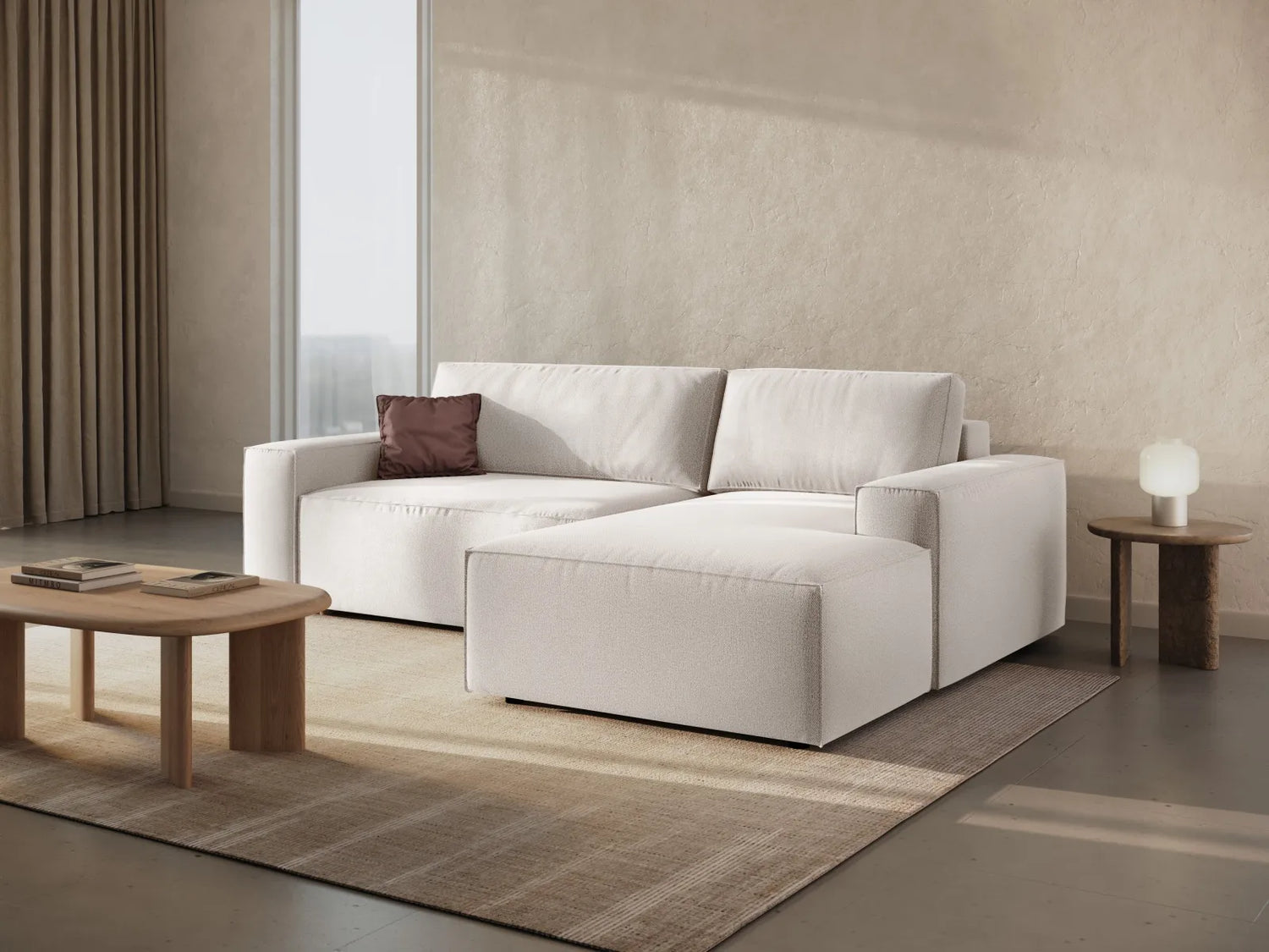 Jodie 3-Sitzer Ecksofa Rechts mit Schlaffunktion und Bettkasten mit Bezug aus Strukturierter Stoff (Meg351) in Leichtes Beige, 246x151 cm – Bild 9