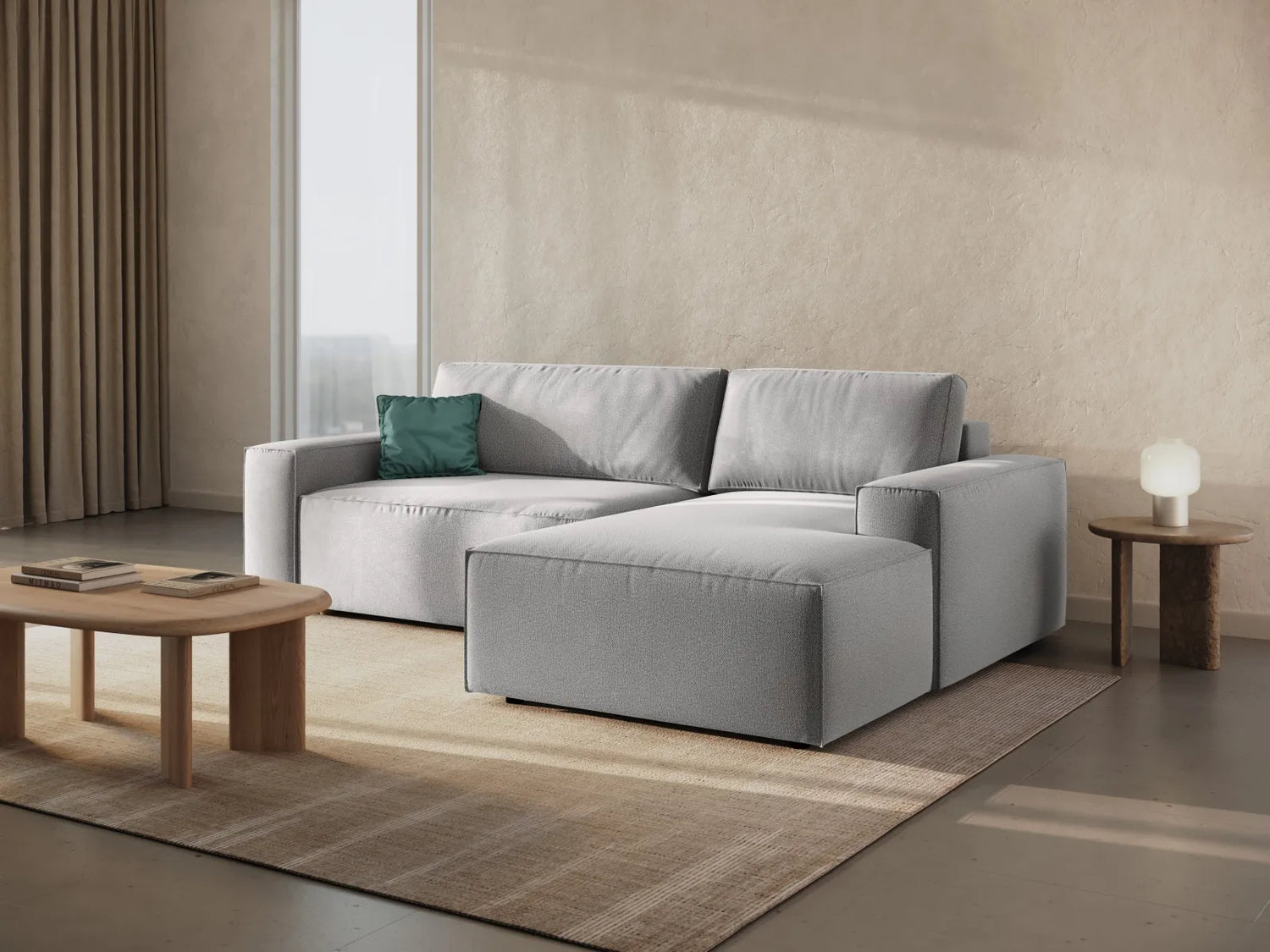 Jodie 3-Sitzer Ecksofa Rechts mit Schlaffunktion und Bettkasten mit Bezug aus Strukturierter Stoff (Meg363) in Hellgrau, 246x151 cm – Bild 9
