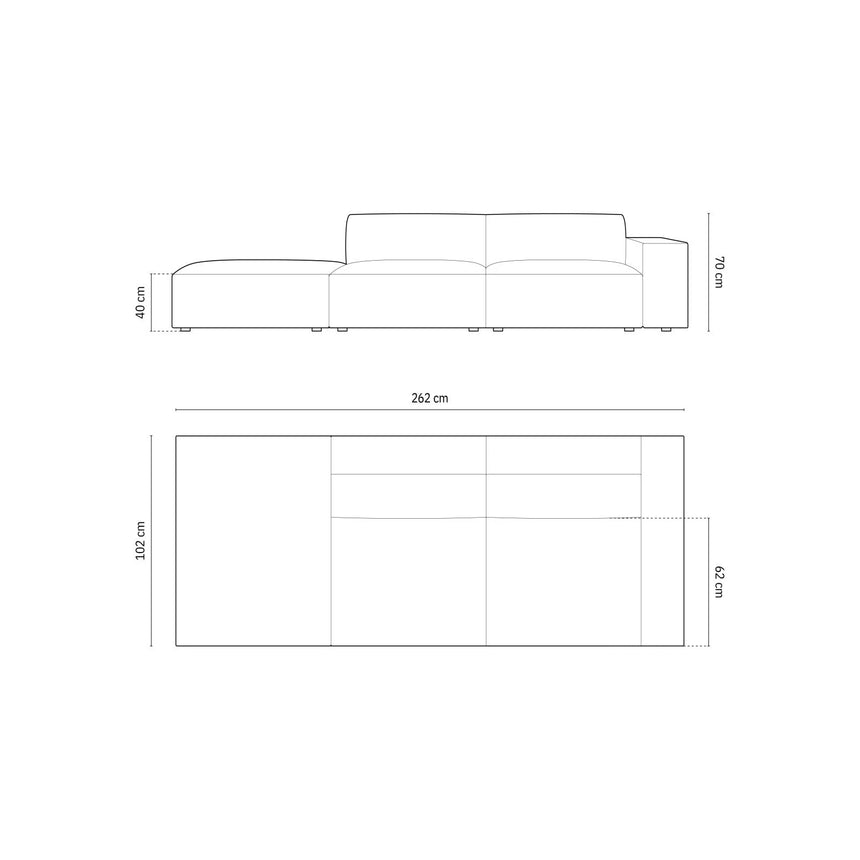 Jodie 3-Sitzer Sofa, Linke Seite offen, eckig, aus Samt oder Strukturstoff, 262x102 cm – Bild 3