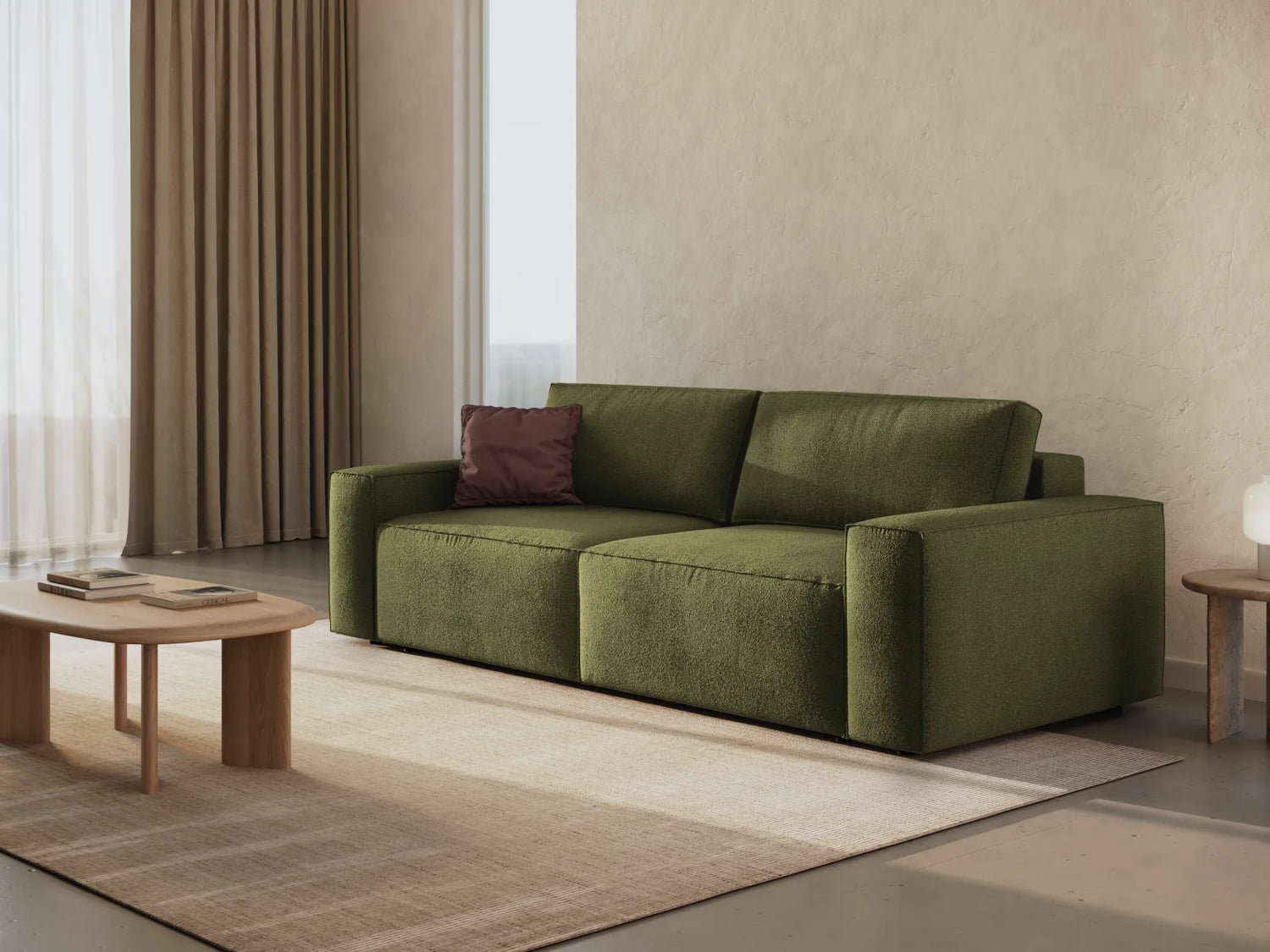 Jodie 3-Sitzer Sofa mit Schlaffunktion und Bettkasten, ausklappbar, aus Boucle (Bal2090) in Dunkles olivgrün, 247x107 cm – Bild 2