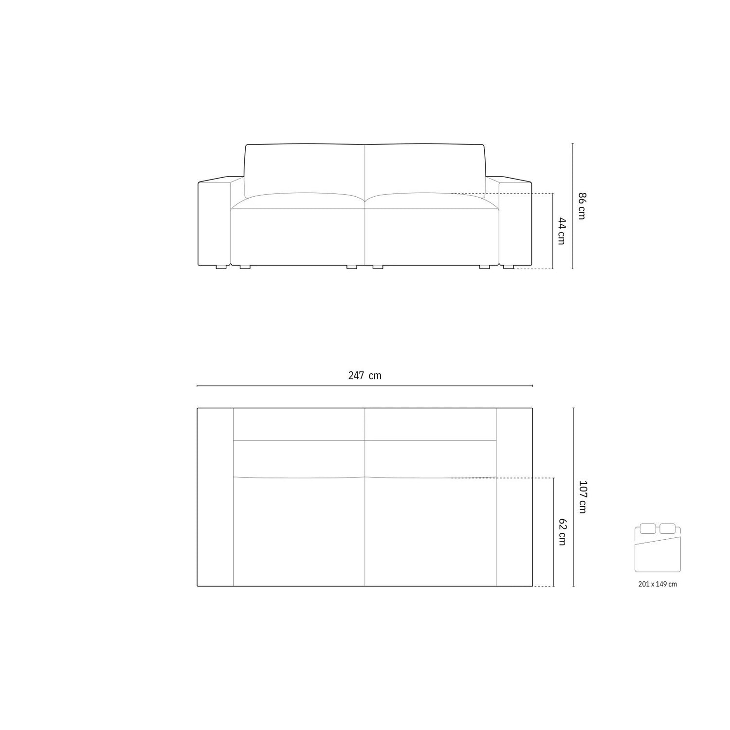 Jodie 3-Sitzer Sofa mit Schlaffunktion und Bettkasten, ausklappbar, aus Samt (Blu13) in Hellgrau, 247x107 cm – Bild 3
