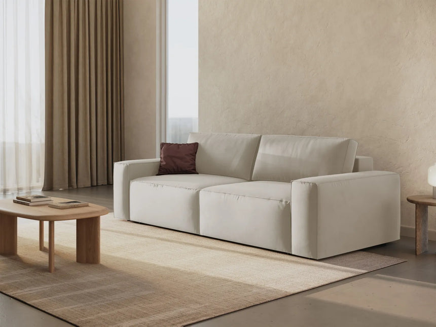 Jodie 3-Sitzer Sofa mit Schlaffunktion und Bettkasten, ausklappbar, aus Samt (Blu30) in Dunkelbeige, 247x107 cm – Bild 2