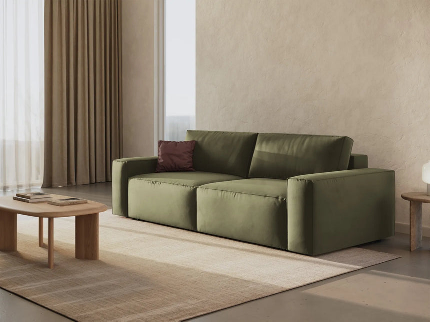 Jodie 3-Sitzer Sofa mit Schlaffunktion und Bettkasten, ausklappbar, aus Samt (Blu77) in Grün, 247x107 cm – Bild 2
