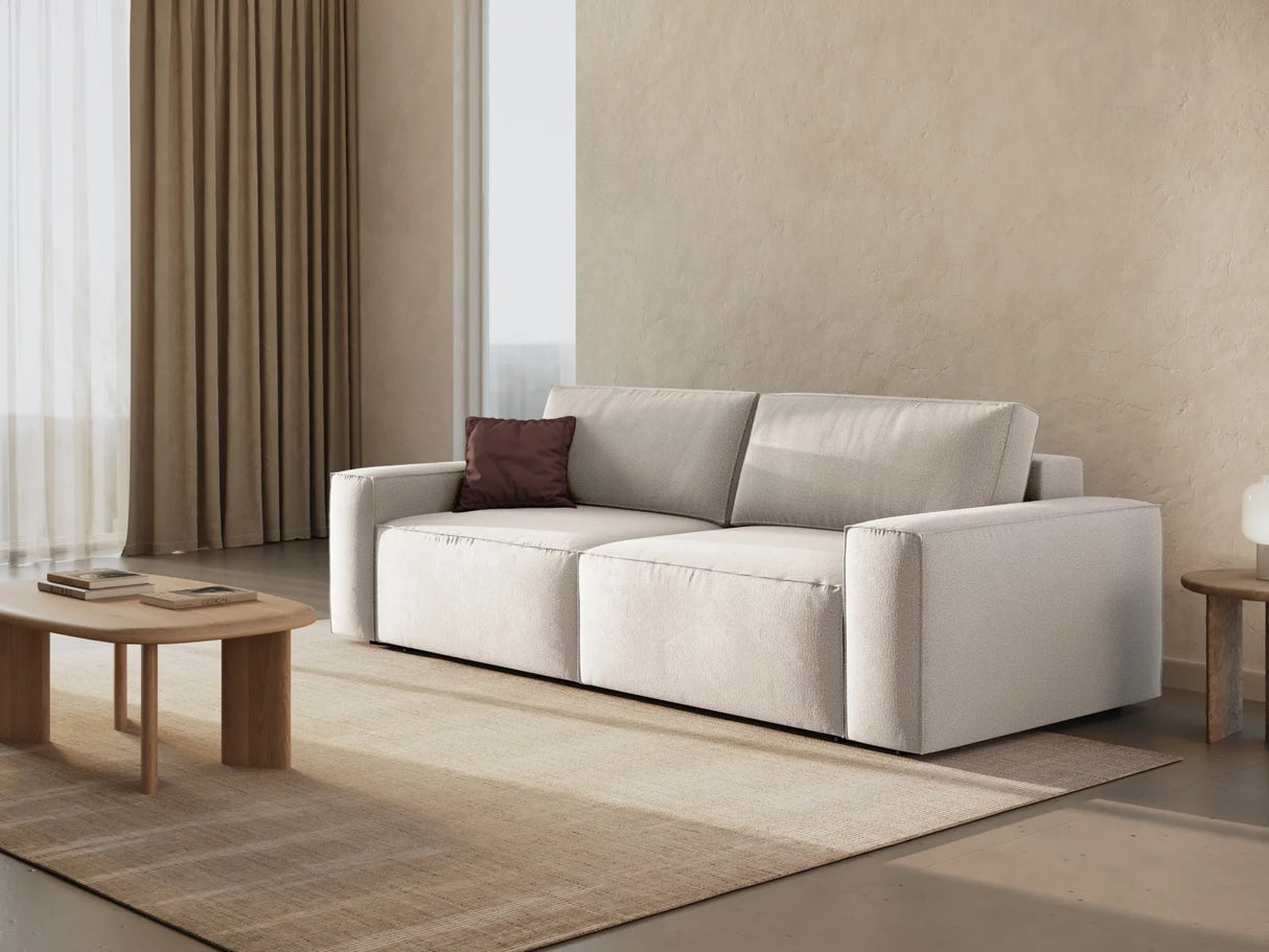 Jodie 3-Sitzer Sofa mit Schlaffunktion und Bettkasten, ausklappbar, aus Strukturierter Stoff (Meg351) in Leichtes Beige, 247x107 cm – Bild 2