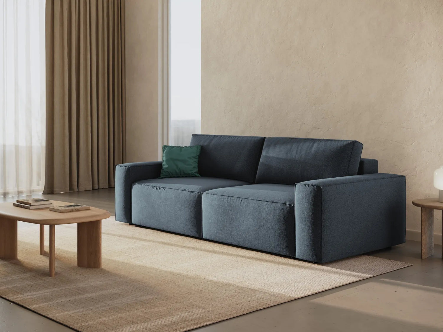 Jodie 3-Sitzer Sofa mit Schlaffunktion und Bettkasten, ausklappbar, aus Strukturierter Stoff (Meg361) in Blau, 247x107 cm – Bild 2