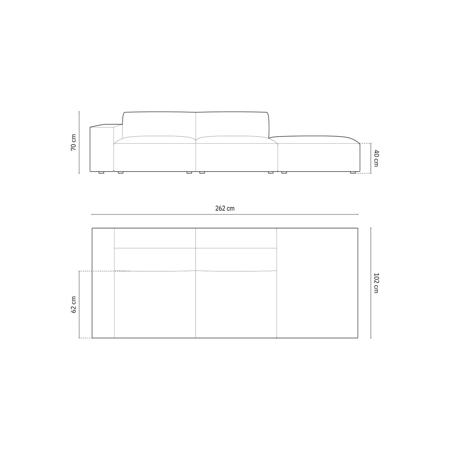 Jodie 3-Sitzer Sofa, Rechte Seite offen, eckig, aus Samt oder Strukturstoff, 262x102 cm – Bild 3