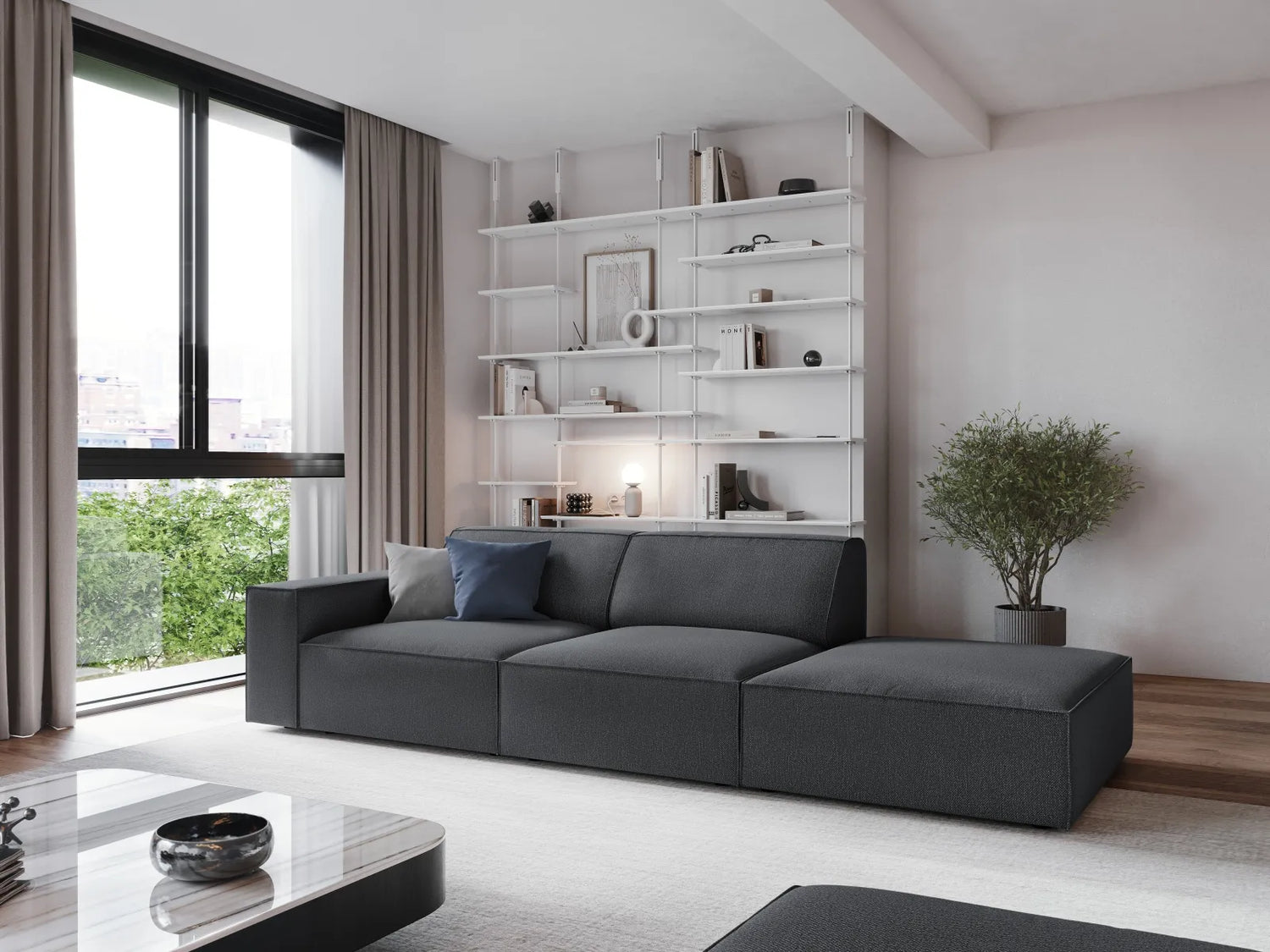 Jodie 3-Sitzer Sofa, Rechte Seite offen, eckig, aus Strukturierter Stoff (Meg367) in Dunkelgrau, 262x102 cm – Bild 2