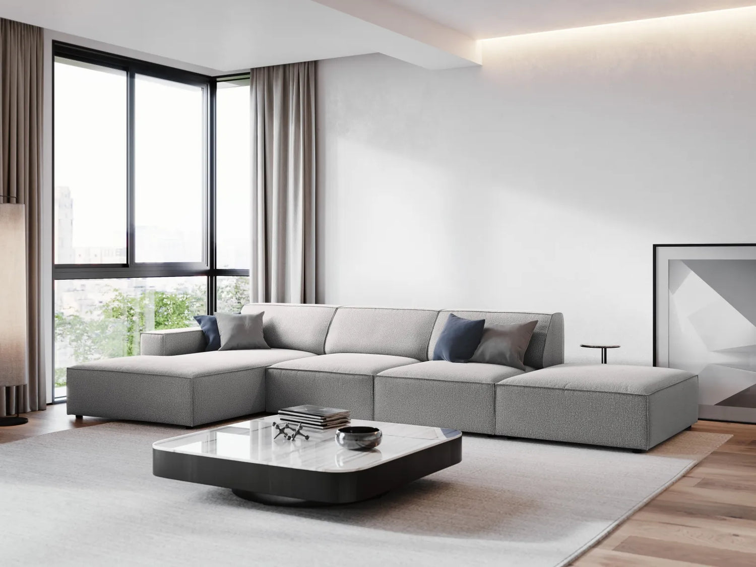 Jodie 4-Sitzer Ecksofa Links 341x166 cm aus Strukturierter Stoff (Meg363) in Hellgrau – Bild 1
