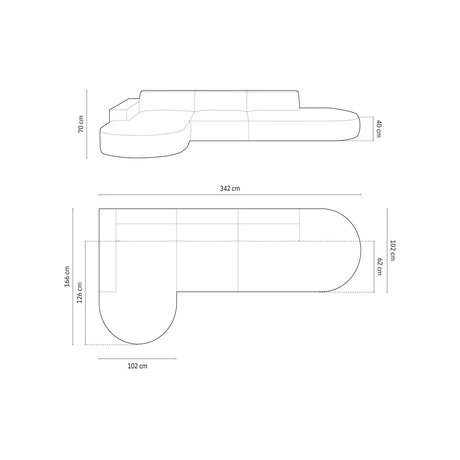 Jodie 5-Sitzer Ecksofa, Linke Seite, rund, aus Samt (Blu14) in Grau, 342x166 cm – Bild 3