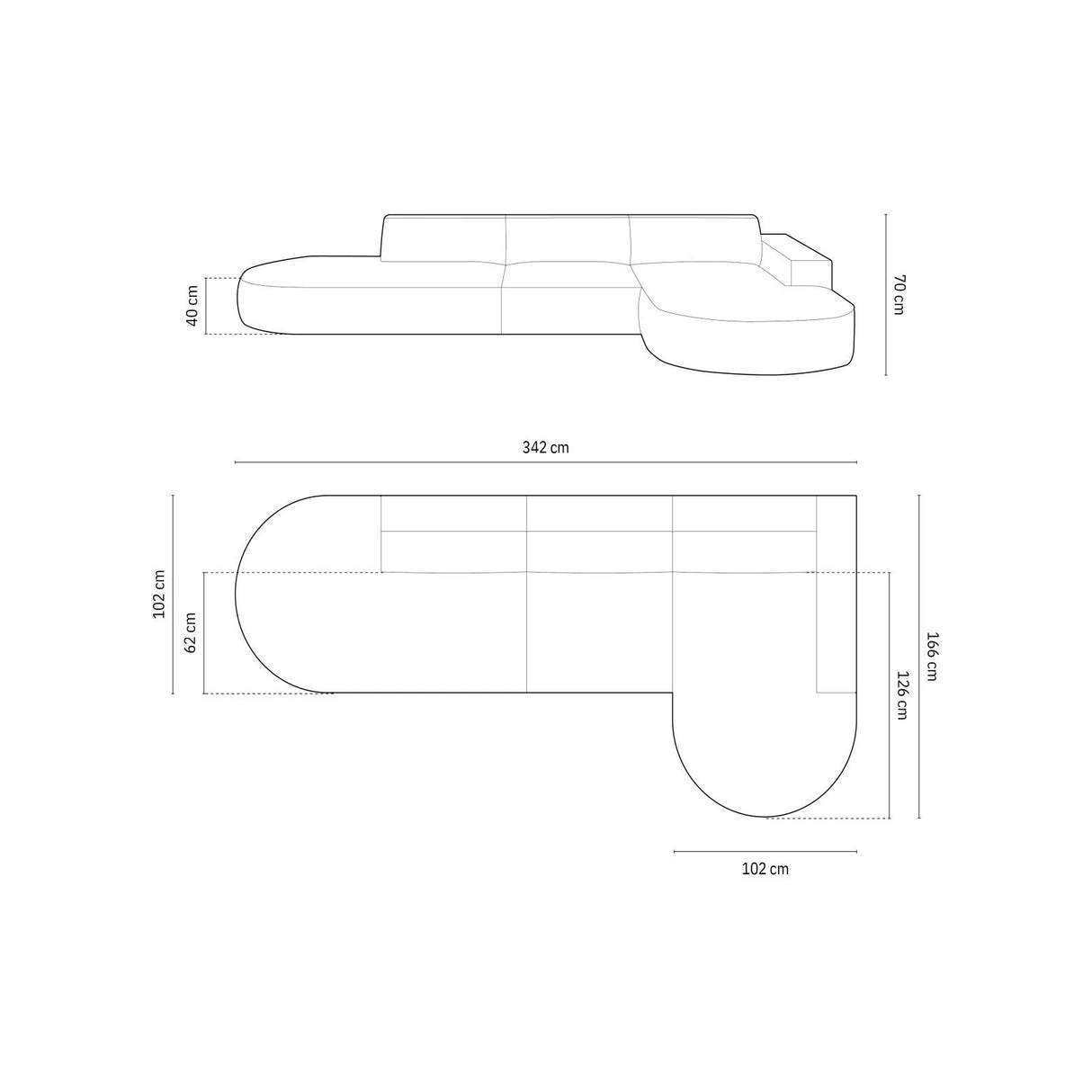 Jodie 5-Sitzer Ecksofa, Rechte Seite, rund, aus Samt (Blu78) in Flaschengrün, 342x166 cm – Bild 3