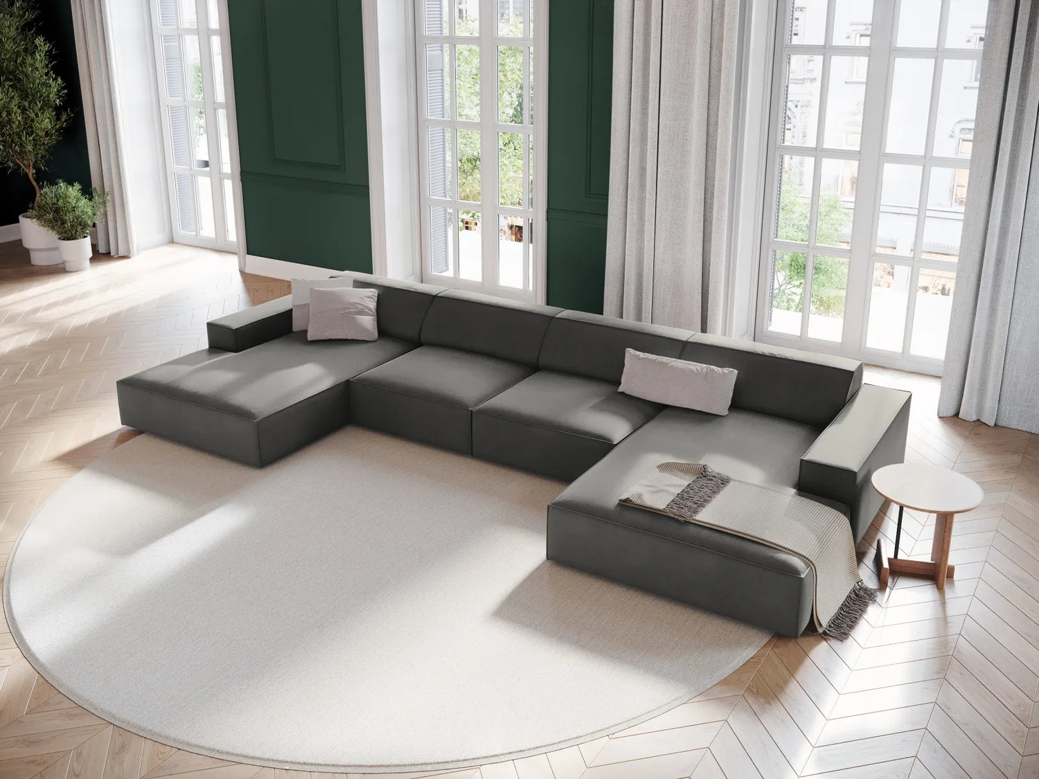 Jodie 6-Sitzer Panorama-Ecksofa symmetrisch, aus Samt (Blu13) in Hellgrau, 364x166 cm – Bild 2