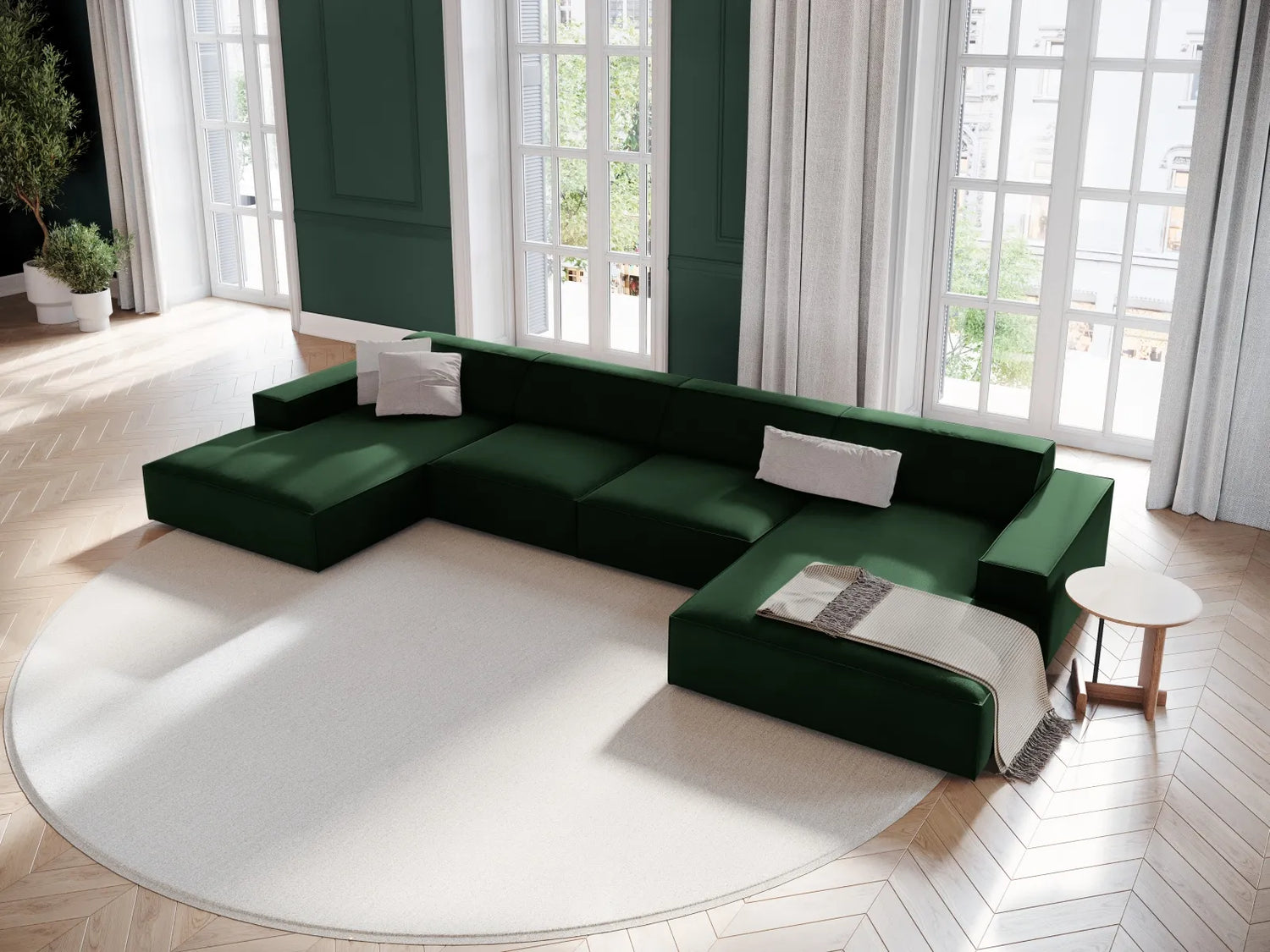 Jodie 6-Sitzer Panorama-Ecksofa symmetrisch, aus Samt (Blu78) in Flaschengrün, 364x166 cm – Bild 2