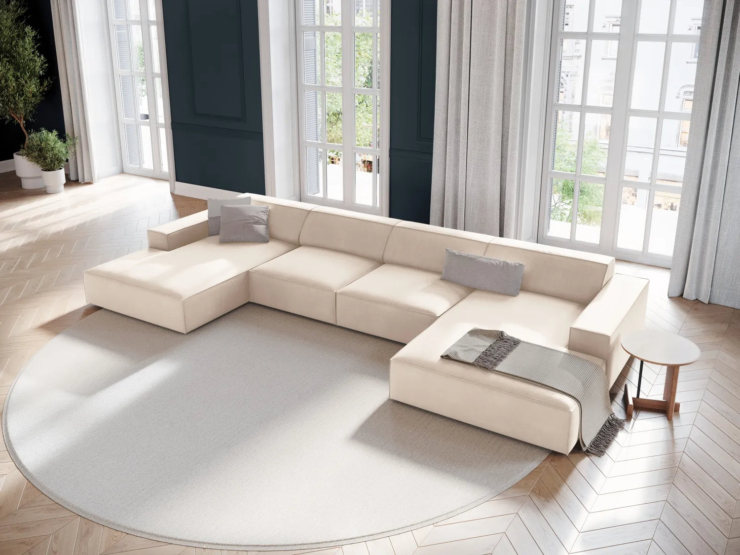 Jodie 6-Sitzer Panorama-Ecksofa symmetrisch, aus Samt oder Strukturstoff, 364x166 cm – Bild 2
