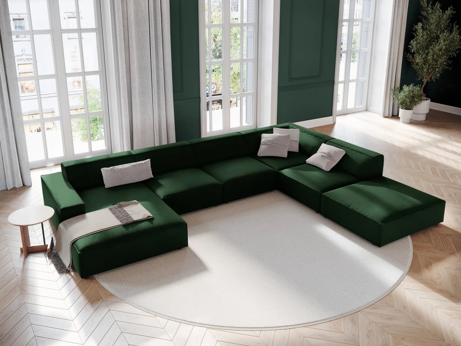 Jodie 7-Sitzer Panorama-Ecksofa, Rechte Seite, aus Samt (Blu78) in Flaschengrün, 364x262 cm – Bild 2
