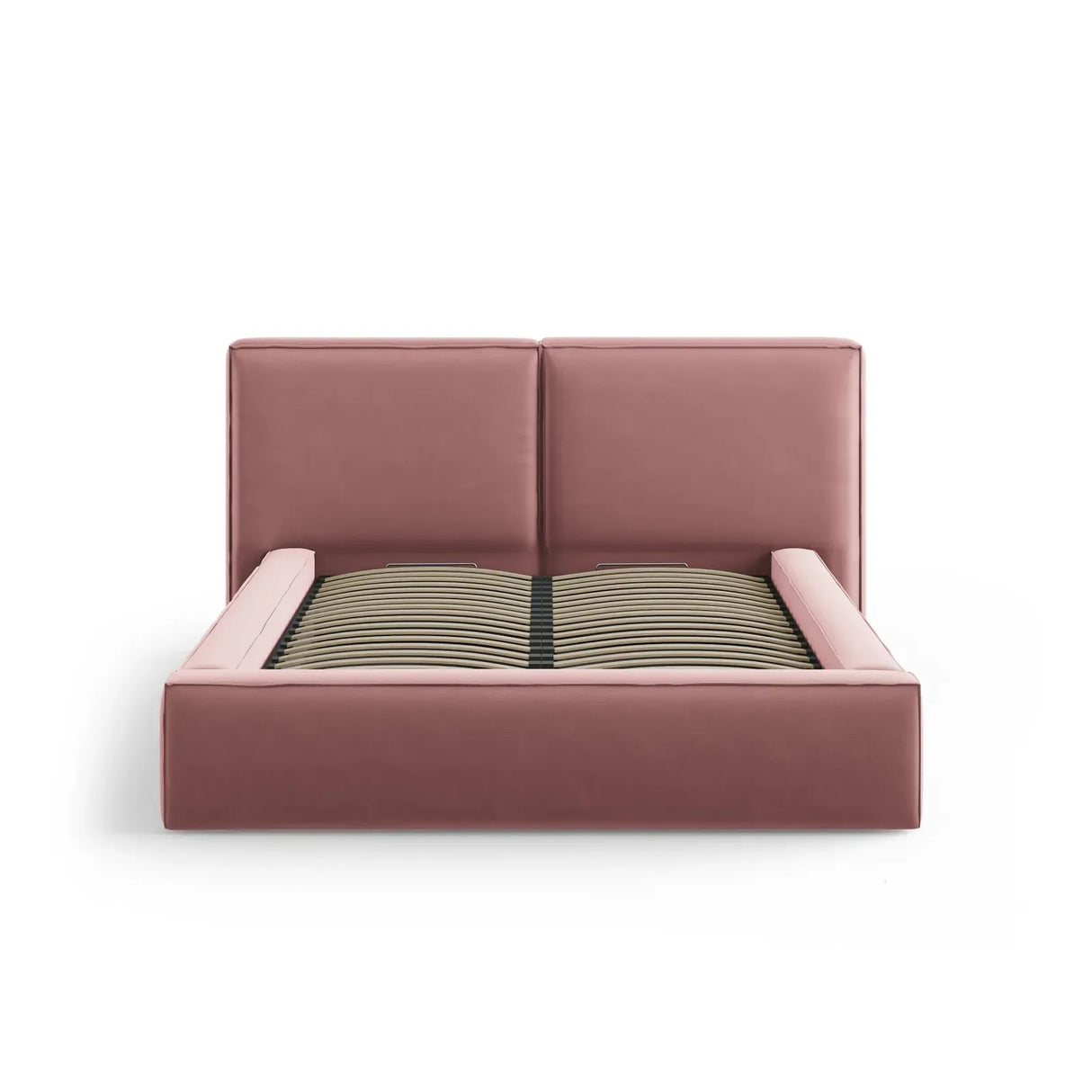 Lit Jodie avec tête de lit et rangement, revêtement en velours ou tissu texturé, 200x200 cm