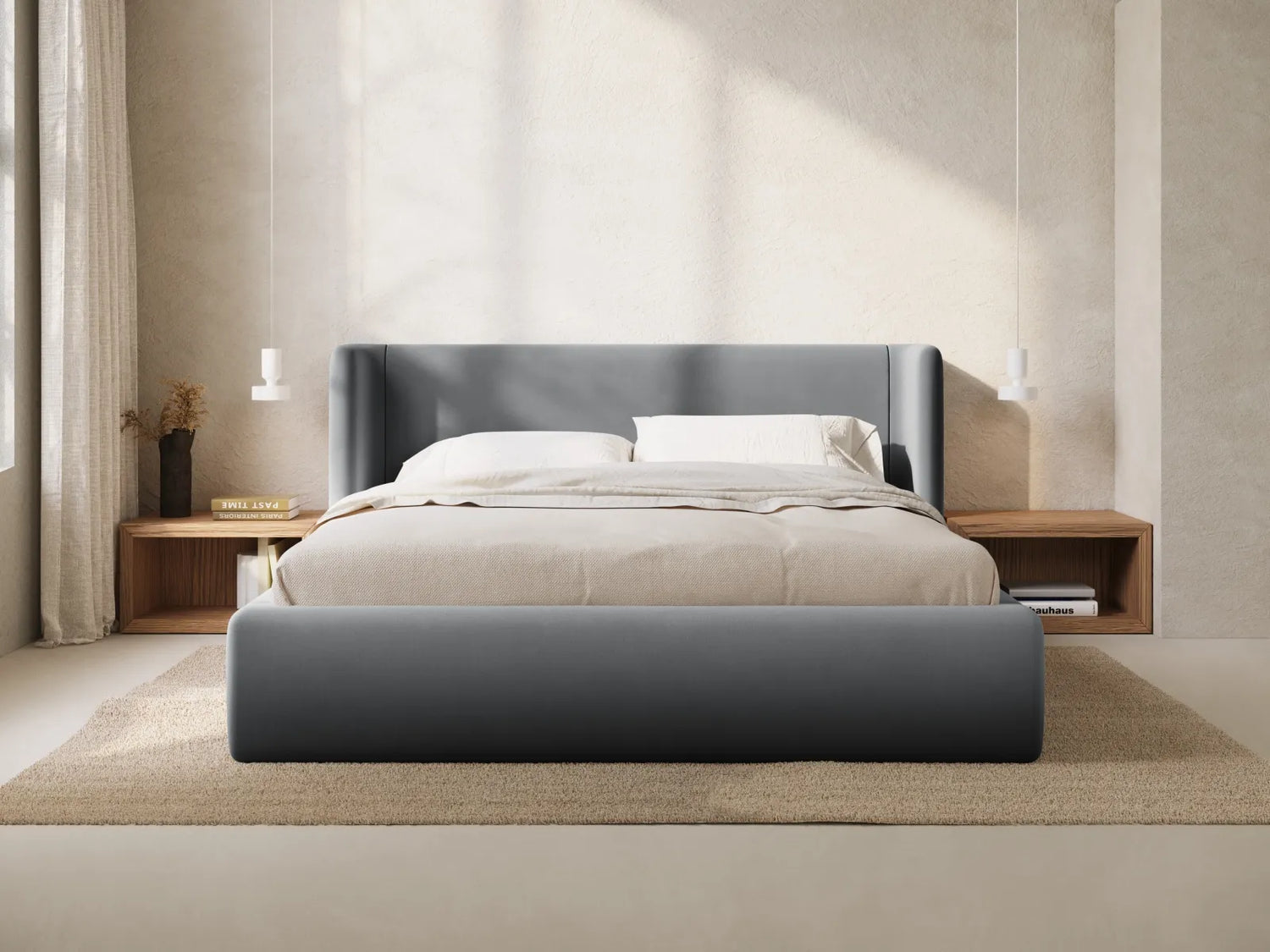 Jolene Bett mit Kopfteil und Stauraum, aus Samt (Bluvel 14) in Grau, 160x200 cm – Bild 2