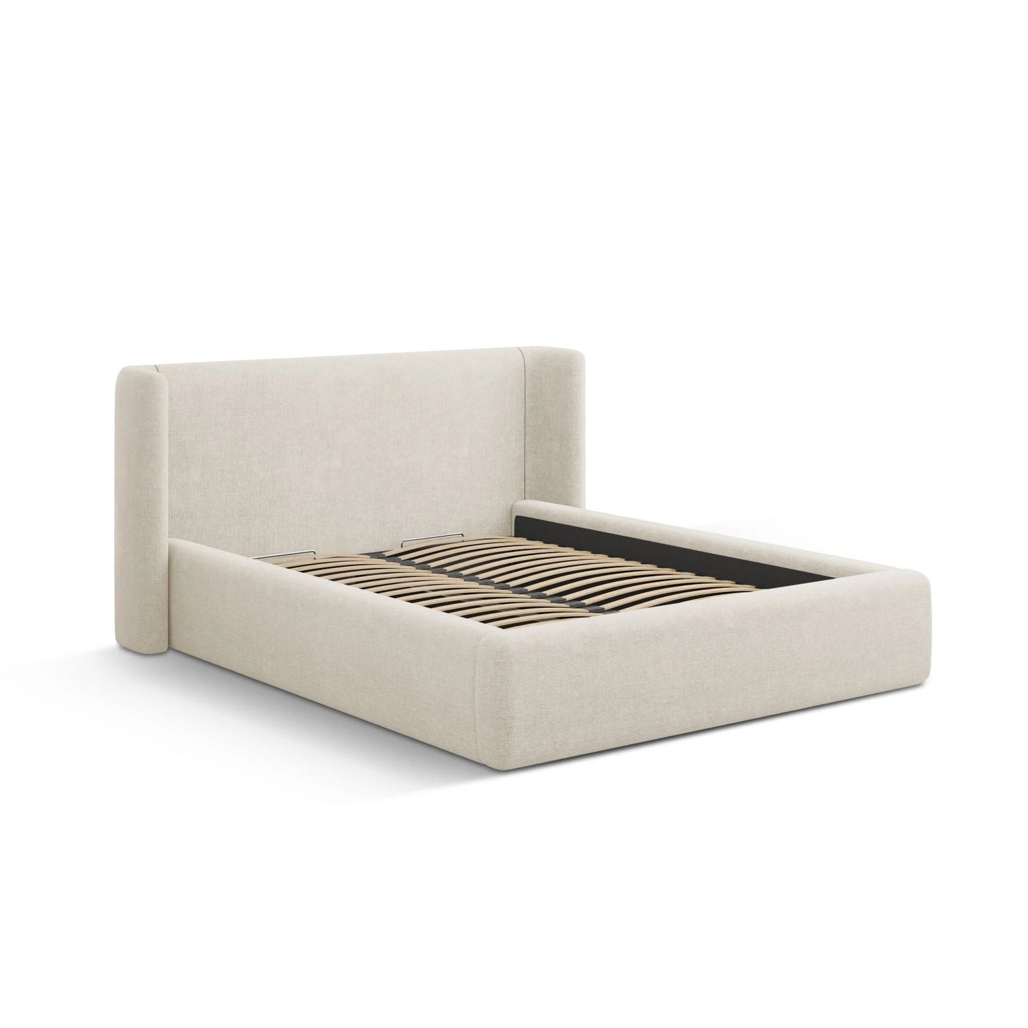 Jolene Bett mit Kopfteil und Stauraum, aus Strukturierter Stoff (Wind 05) in Leichtes Beige, 200x200 cm – Bild 5