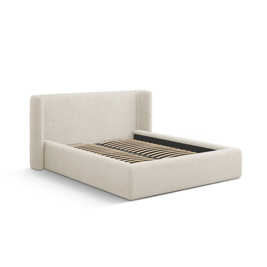Jolene Bett mit Kopfteil und Stauraum, aus Strukturierter Stoff (Wind 05) in Leichtes Beige, 200x200 cm – Bild 5