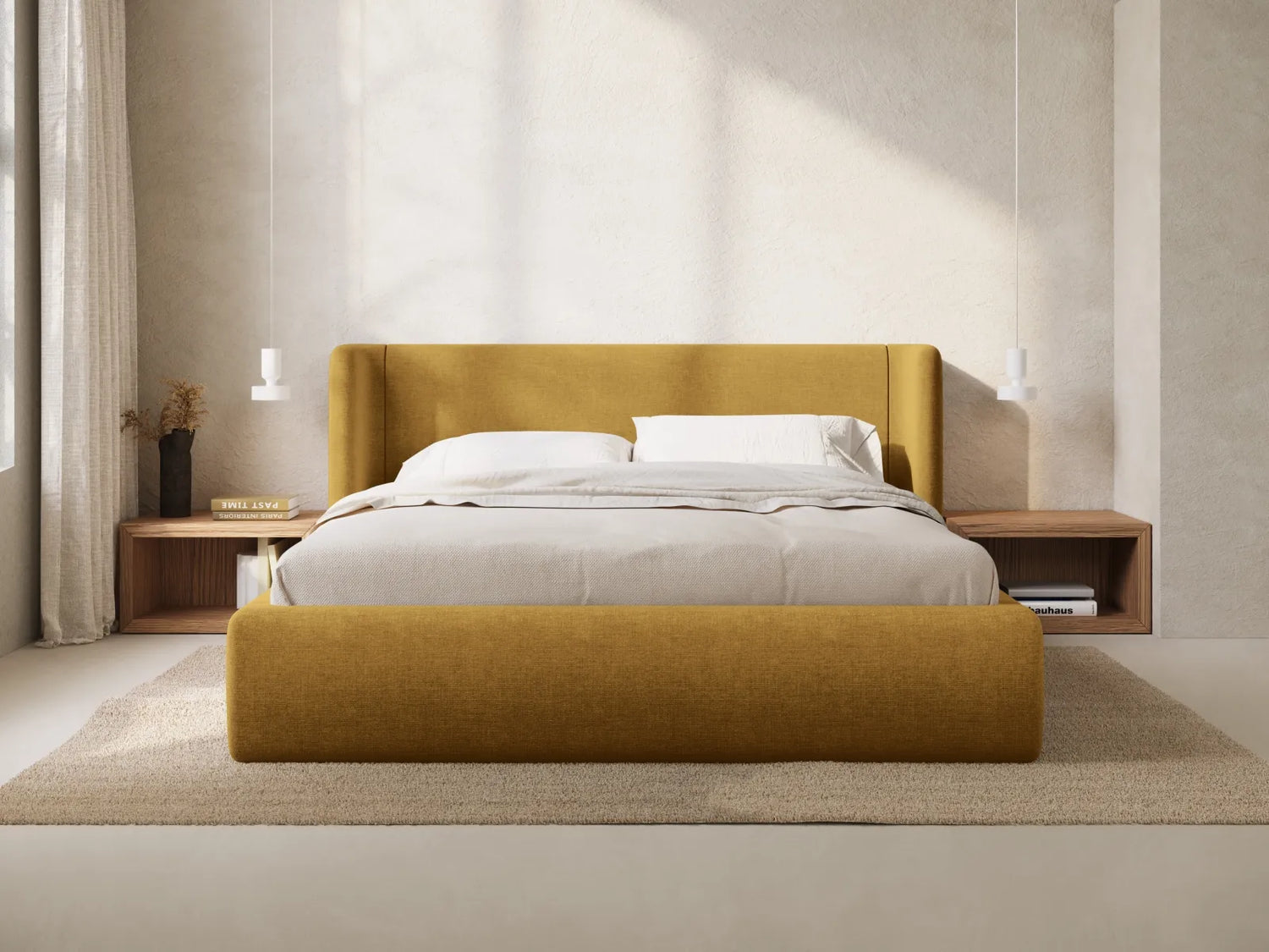 Jolene Bett mit Kopfteil und Stauraum, aus Strukturierter Stoff (Wind 33) in Light Olive, 160x200 cm – Bild 2