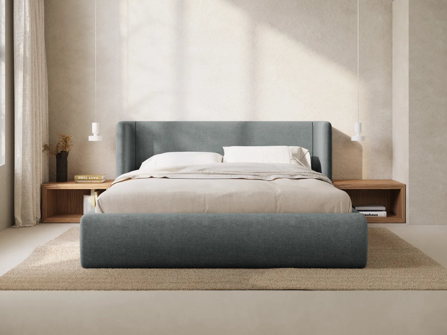 Jolene Bett mit Kopfteil und Stauraum, aus Strukturierter Stoff (Wind 89) in Dunkelgrau, 160x200 cm – Bild 2