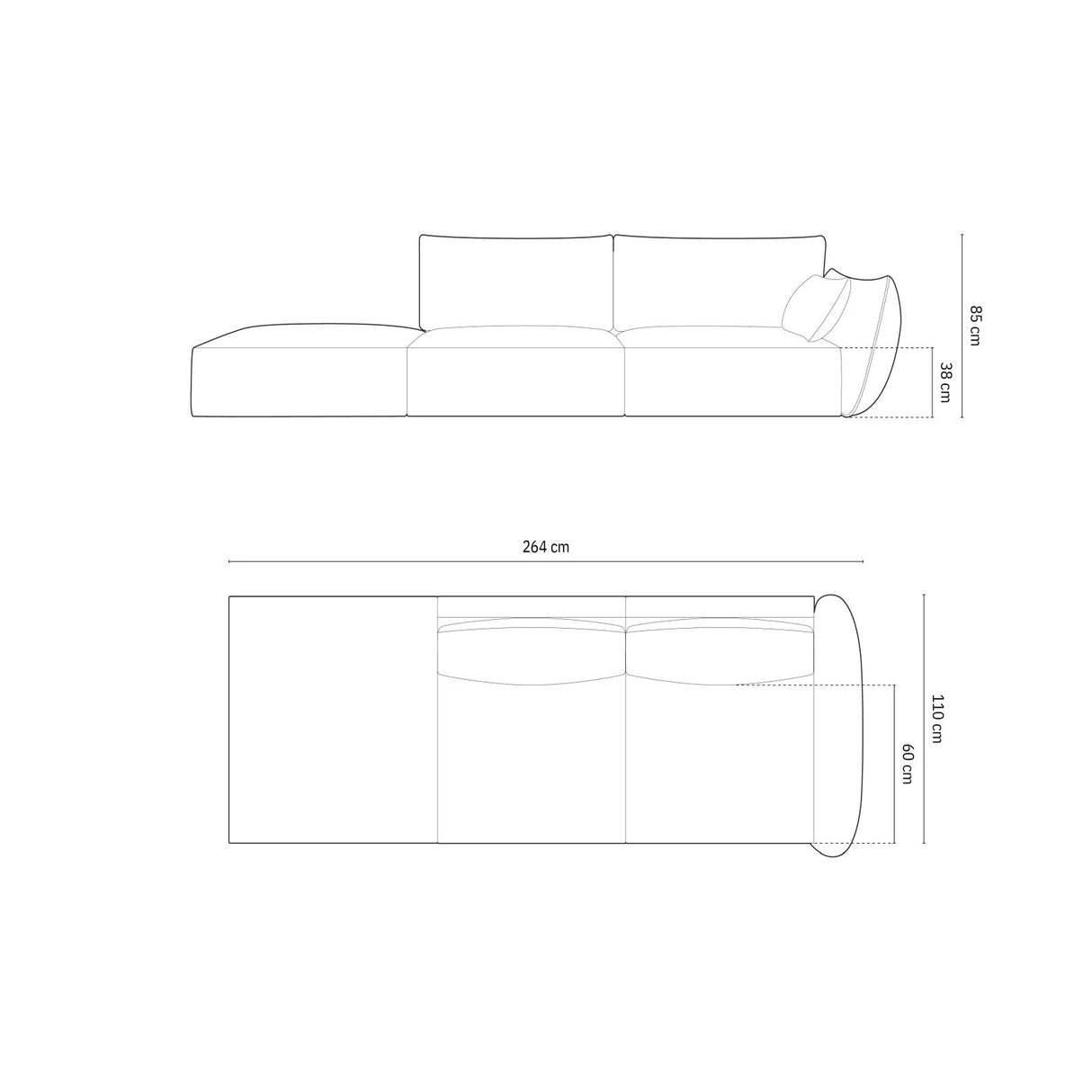 Kaelle 3-Sitzer Sofa Links offen, mit Bezug aus Samt (Blu40) in Cappuccino, 264x110 cm – Bild 2