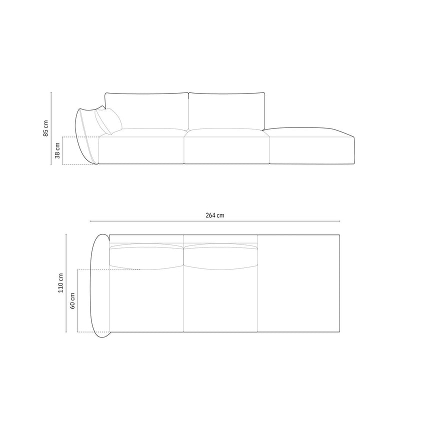 Kaelle 3-Sitzer Sofa Rechts offen, mit Bezug aus Samt oder Chenille, 264x110 cm – Bild 2