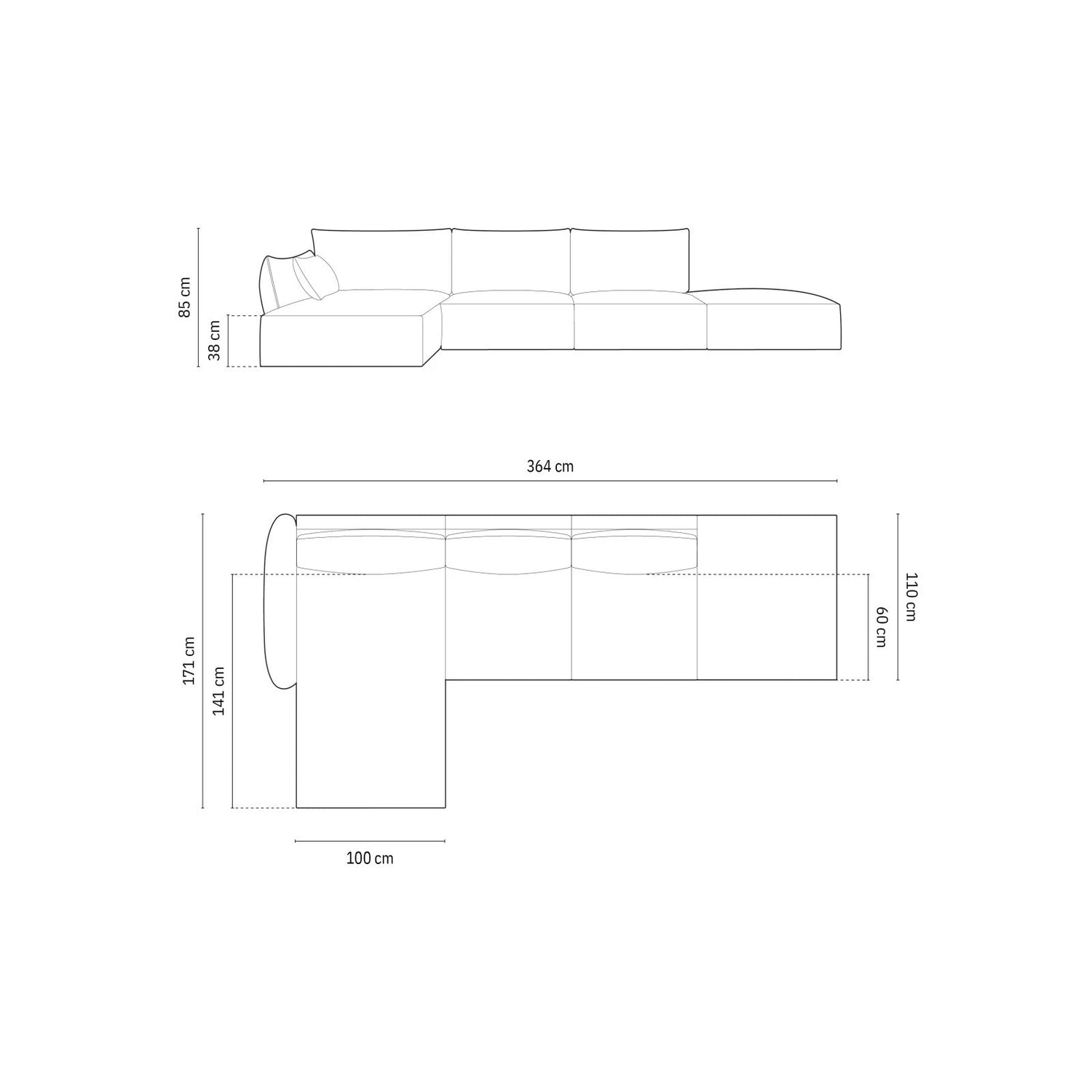 Kaelle 5-Sitzer Ecksofa Links, mit Bezug aus Samt oder Chenille, 364x171 cm – Bild 2