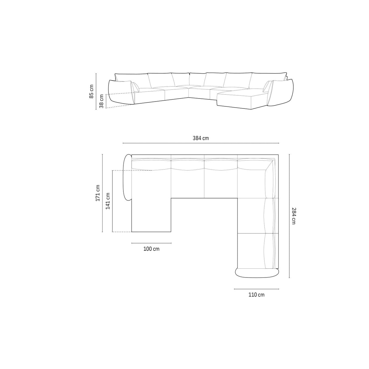 Kaelle 8-Sitzer Panorama-Sofa, Rechts, mit Bezug aus Samt (Blu28) in Beige, 384x284 cm – Bild 2