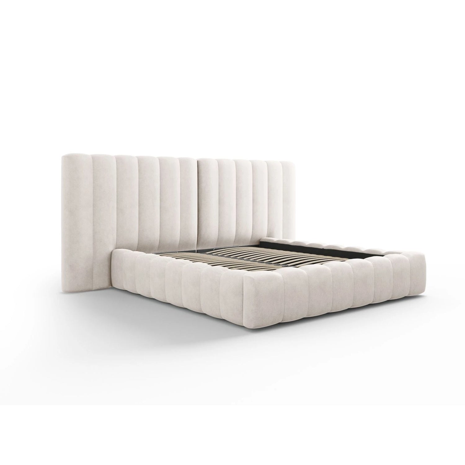 Kelp Bett mit Stauraum und Doppelkopfteil in Samt oder Strukturstoff, 180x200 cm – Bild 4