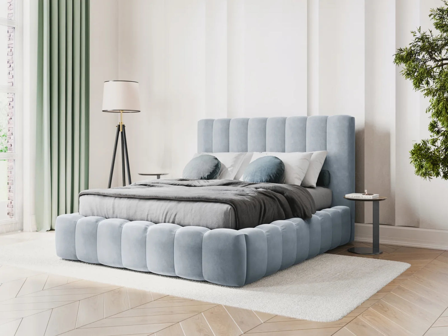 Kelp Bett mit Stauraum und Kopfteil in Samt (Blu06) in Hellblau, 140x200 cm – Bild 2