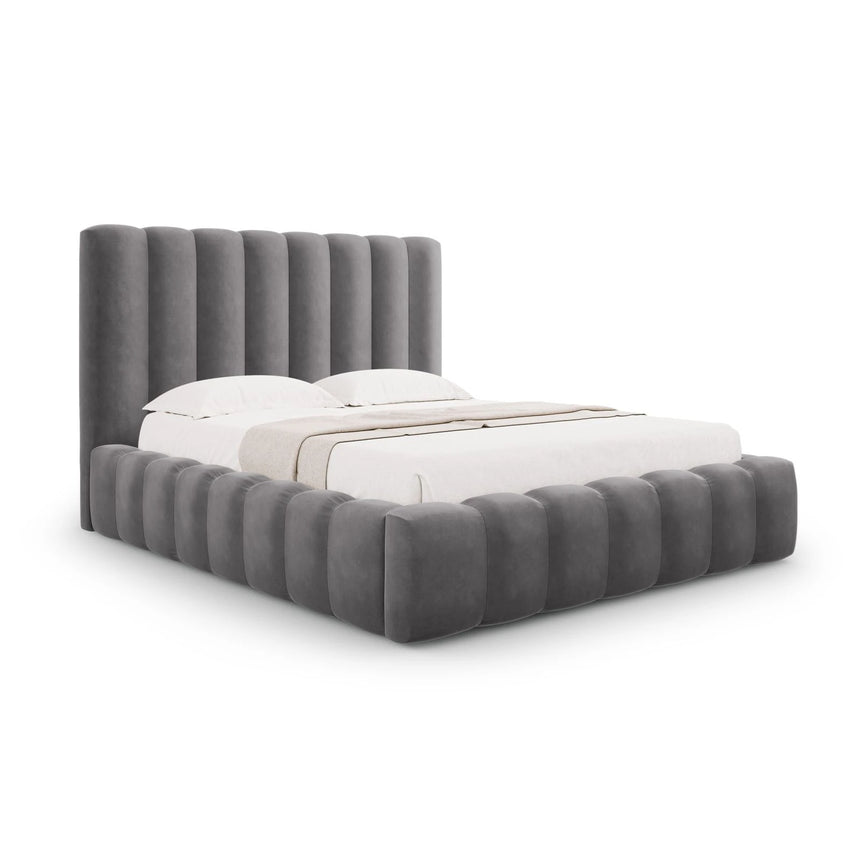 Kelp Bett mit Stauraum und Kopfteil in Samt (Blu14) in Grau, 200x200 cm – Bild 1