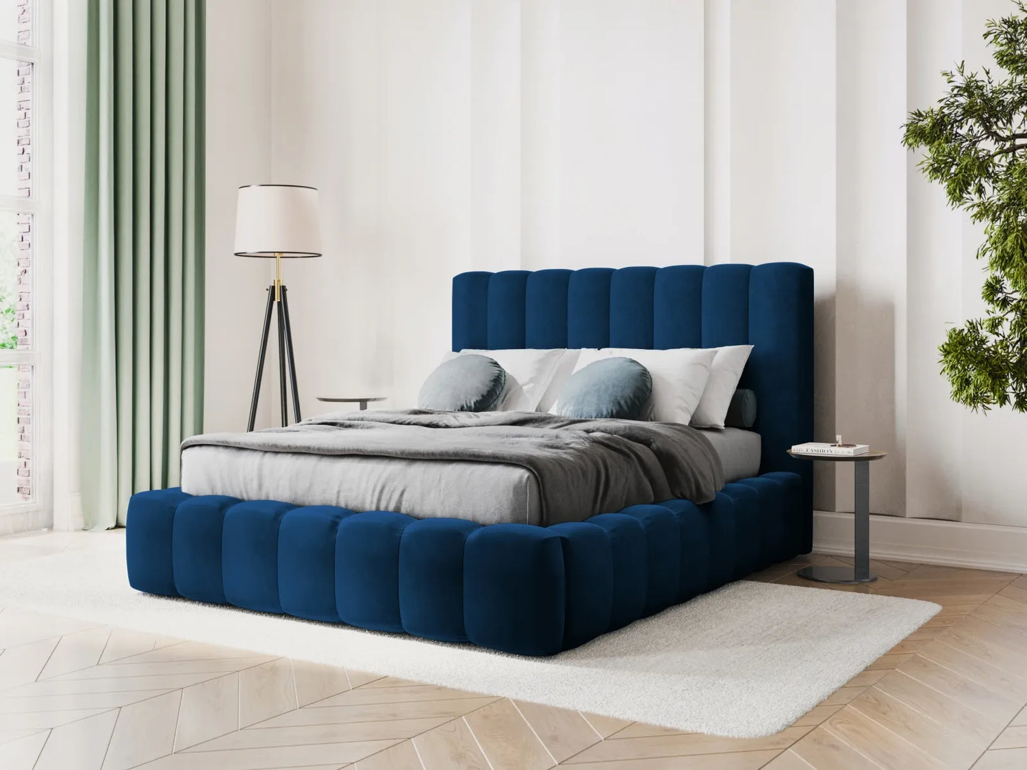 Kelp Bett mit Stauraum und Kopfteil in Samt (Blu86) in Königsblau, 140x200 cm – Bild 2