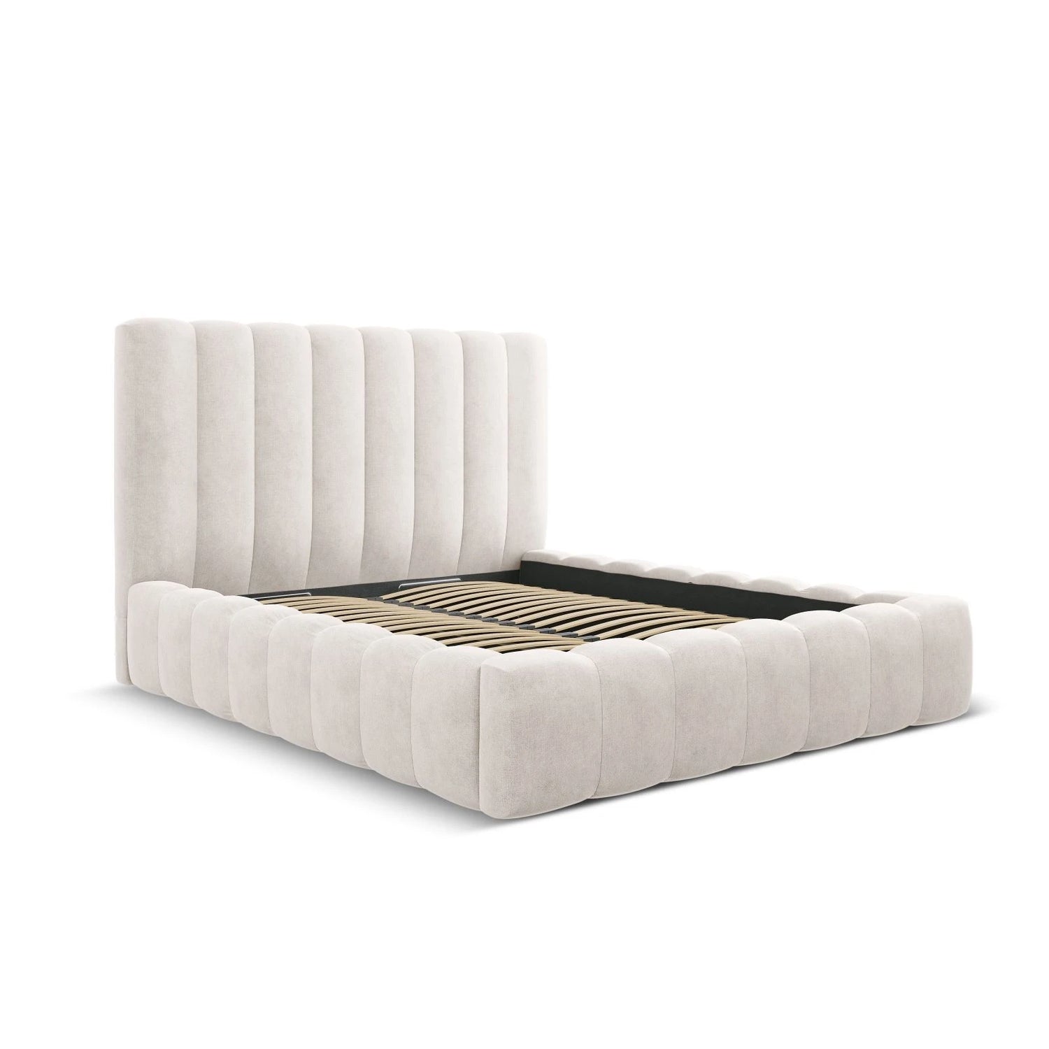 Kelp Bett mit Stauraum und Kopfteil in Samt oder Strukturstoff, 180x200 cm – Bild 3