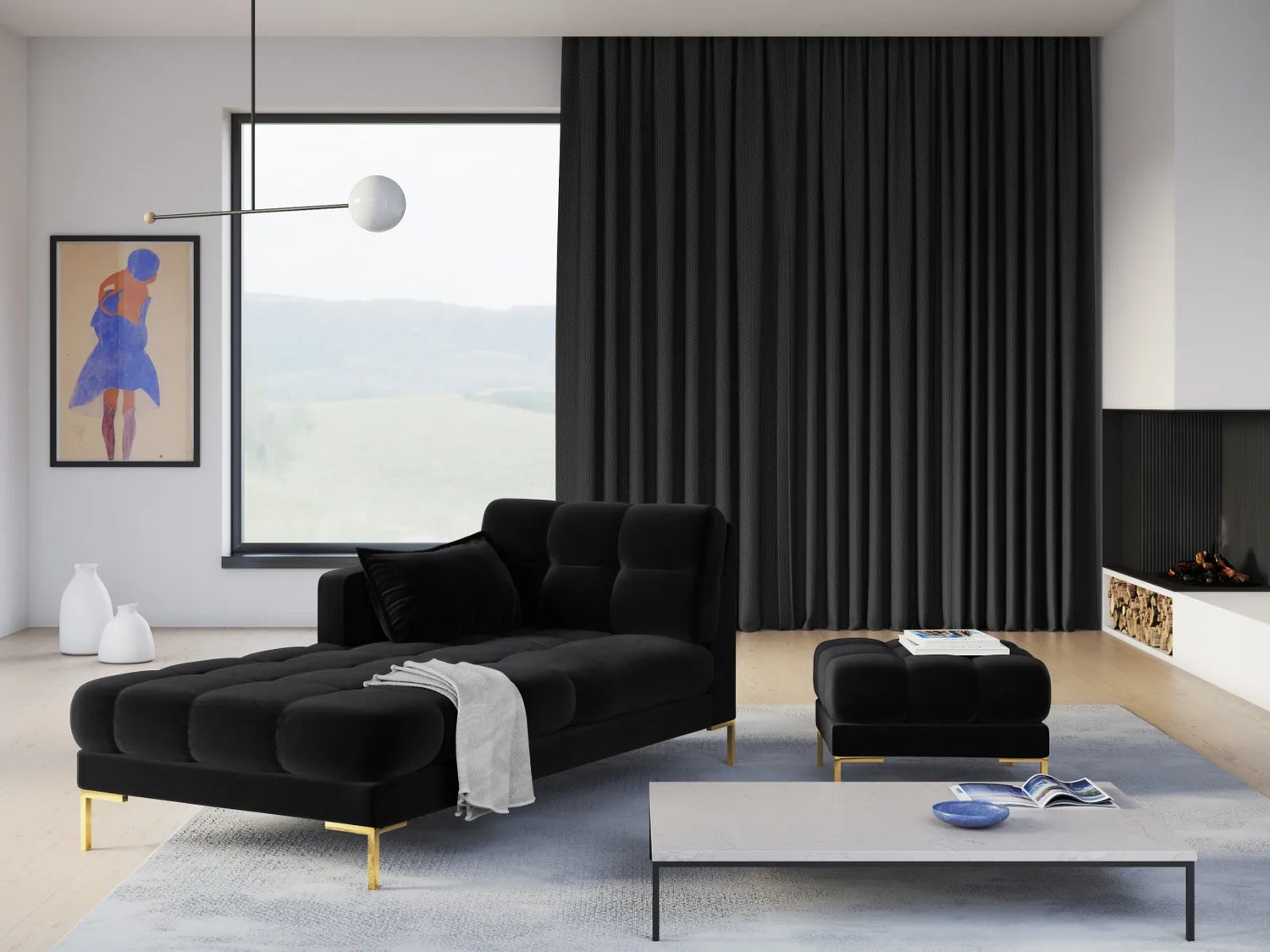 Mamaia 2-Sitzer Chaiselongue Linke Seite, Beine Goldmetall, mit Bezug aus Samt (Blu19) in Schwarz, 185x102 cm – Bild 2