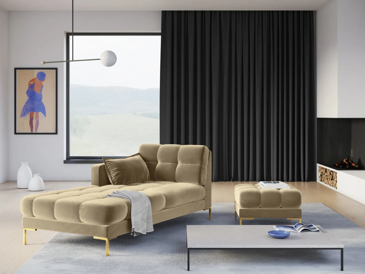 Mamaia 2-Sitzer Chaiselongue Linke Seite, Beine Goldmetall, mit Bezug aus Samt (Blu28) in Beige, 185x102 cm – Bild 2