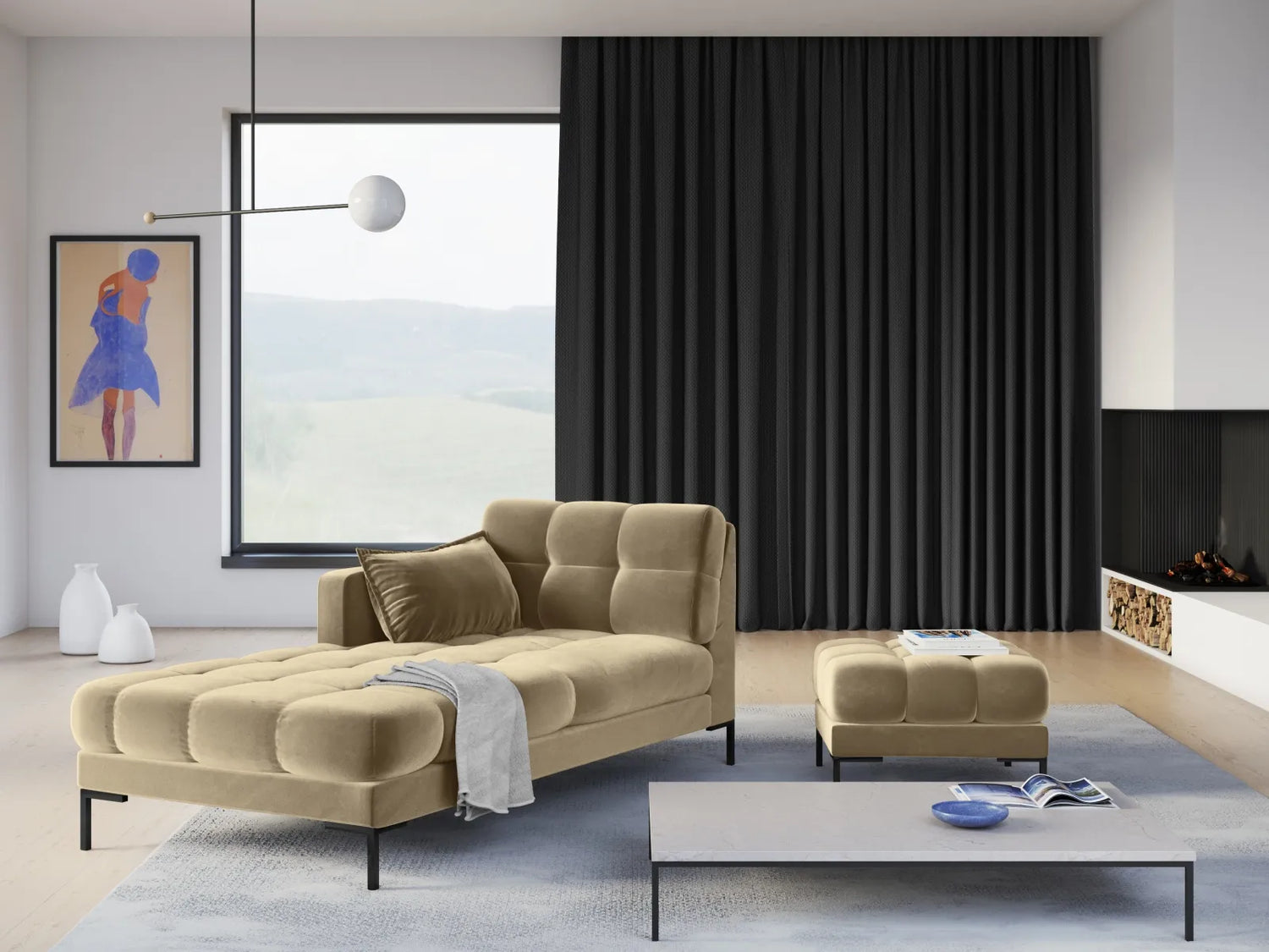 Mamaia 2-Sitzer Chaiselongue Linke Seite, Metallbeine Schwarz, mit Bezug aus Samt (Blu28) in Beige, 185x102 cm – Bild 2