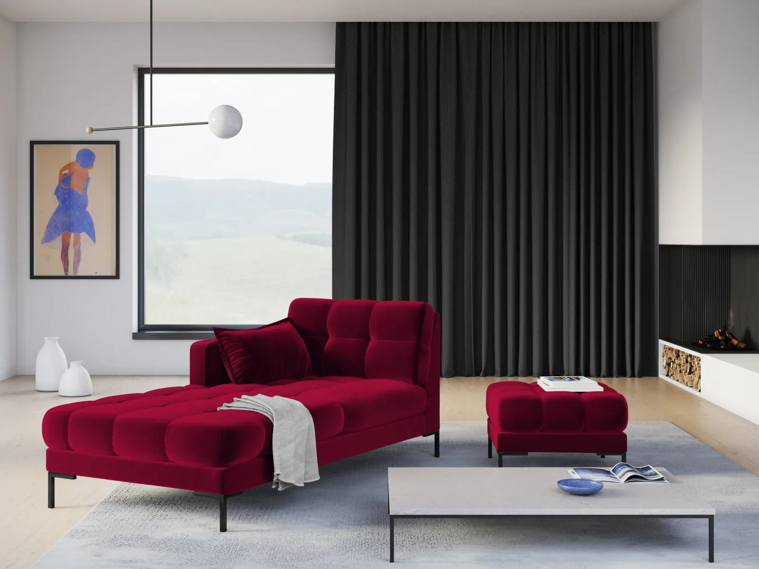 Mamaia 2-Sitzer Chaiselongue Linke Seite, Metallbeine Schwarz, mit Bezug aus Samt (Blu59) in Rot, 185x102 cm – Bild 2