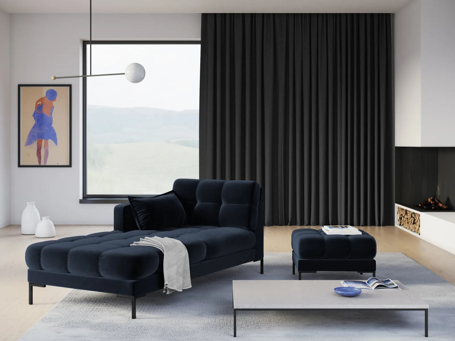 Mamaia 2-Sitzer Chaiselongue Linke Seite, Metallbeine Schwarz, mit Bezug aus Samt (Blu89) in Dunkelblau, 185x102 cm – Bild 2