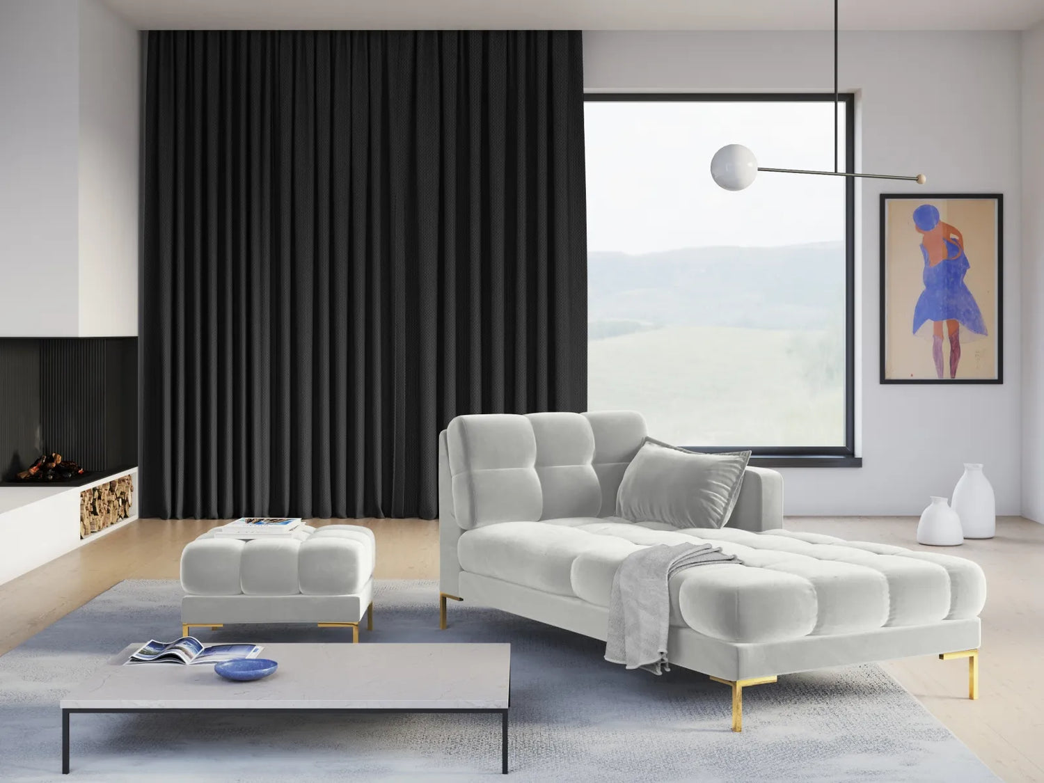 Mamaia 2-Sitzer Chaiselongue Rechte Seite, Beine Goldmetall, mit Bezug aus Samt (Blu03) in Silber, 185x102 cm – Bild 2