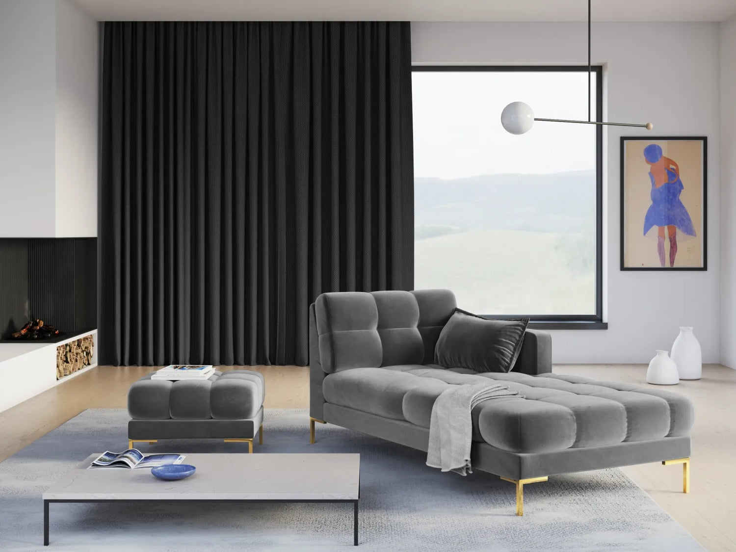 Mamaia 2-Sitzer Chaiselongue Rechte Seite, Beine Goldmetall, mit Bezug aus Samt (Blu13) in Hellgrau, 185x102 cm – Bild 2